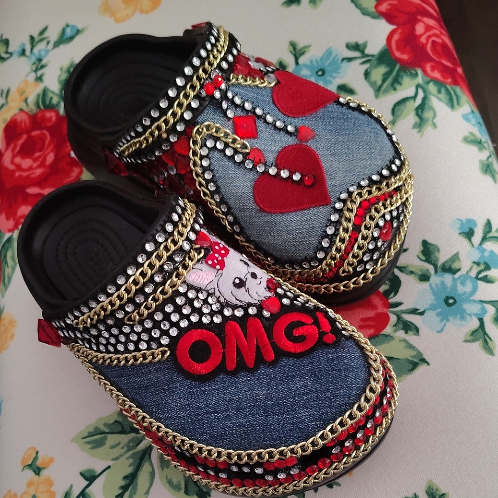 Embellished Denim Mules with Red and Gold Accents
